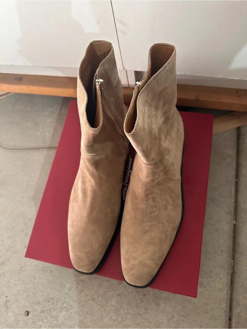Salvatore Ferragamo Beige Suede Pointed Toe Ankle Boots